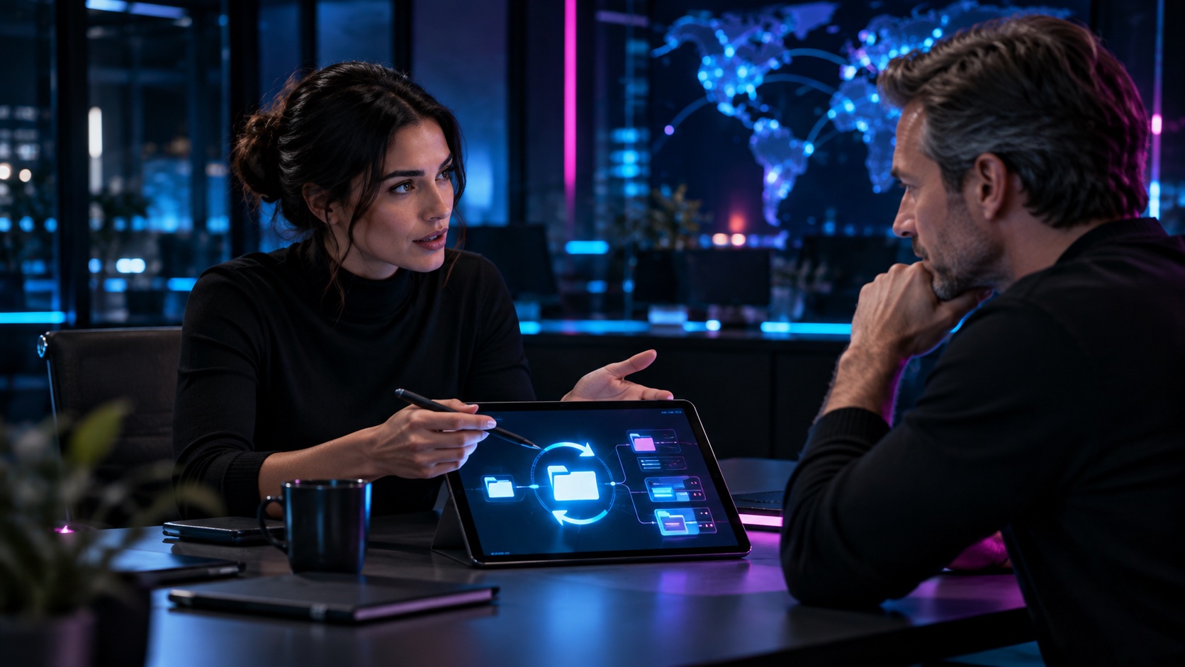 Zwei Personen besprechen Sicherungsstände und Wiederherstellung am Tablet