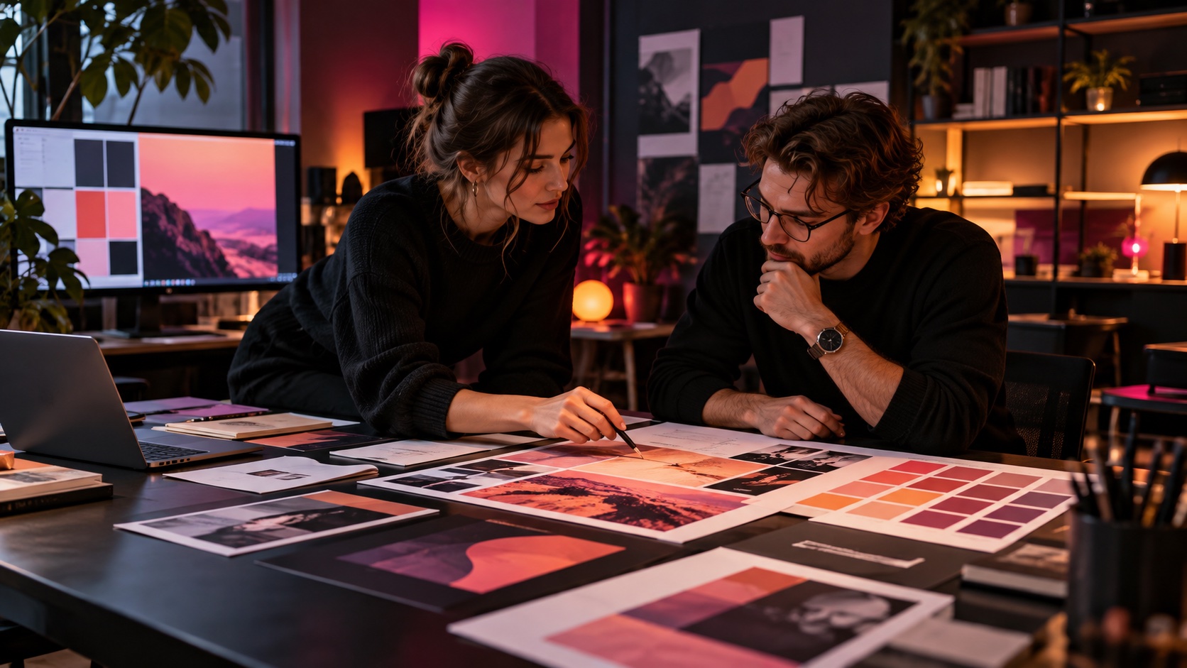 Zwei Gestalter besprechen Farbwelt und visuelle Identität