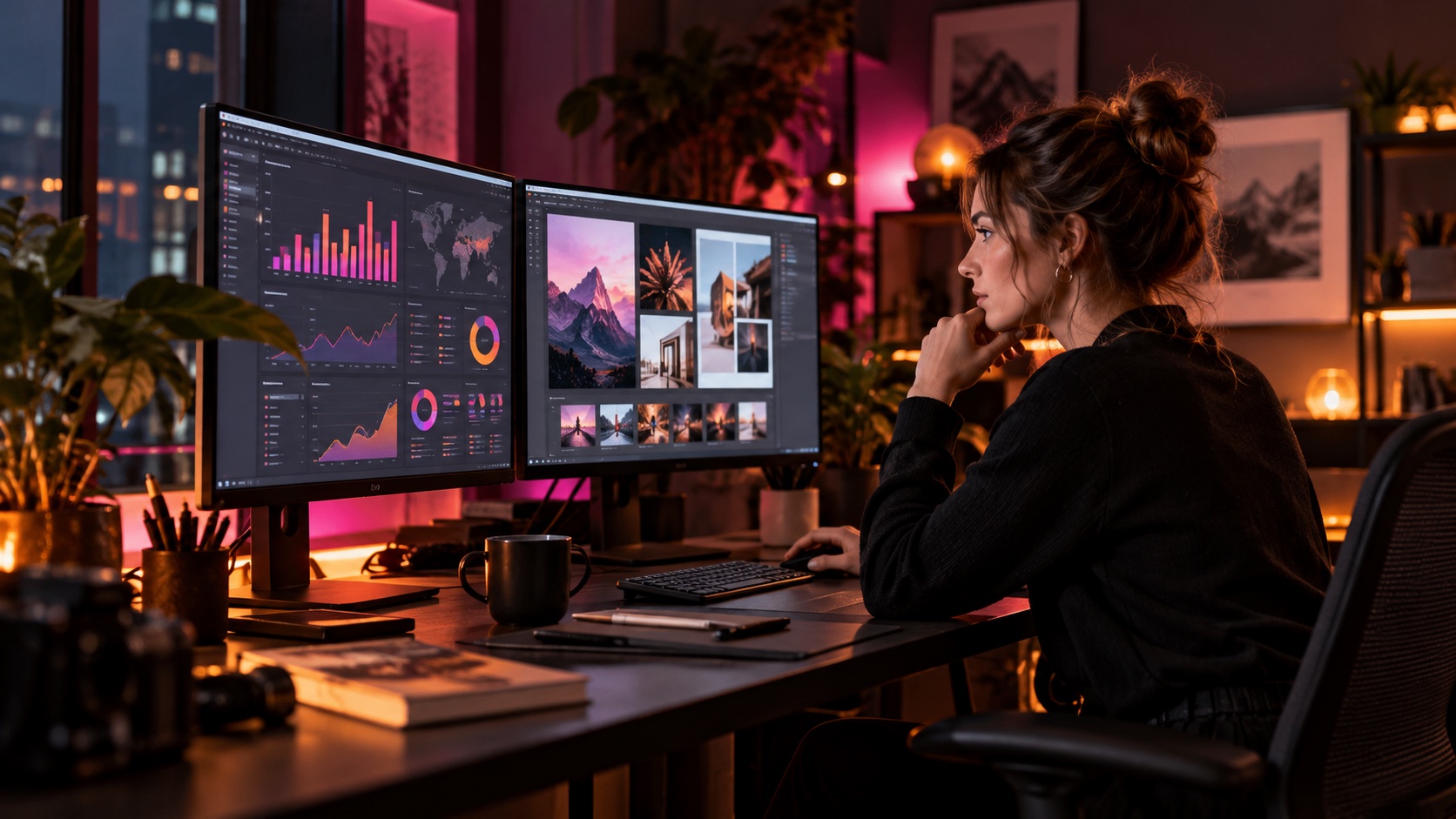 Digitales Marketing – Ablauf Marketingfachperson prüft Kennzahlen und Gestaltungsvarianten