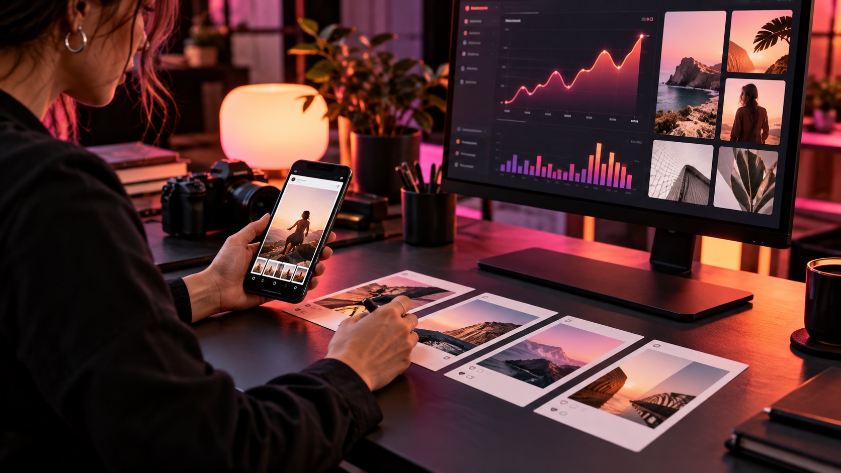 Digitales Marketing – Leistungen Smartphone mit Inhaltsformaten neben einer Auswertungsansicht