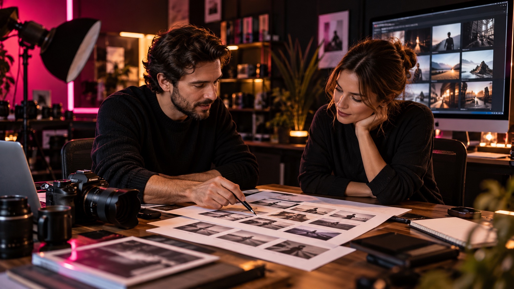 Besprechung eines Storyboards mit Bildmotiven