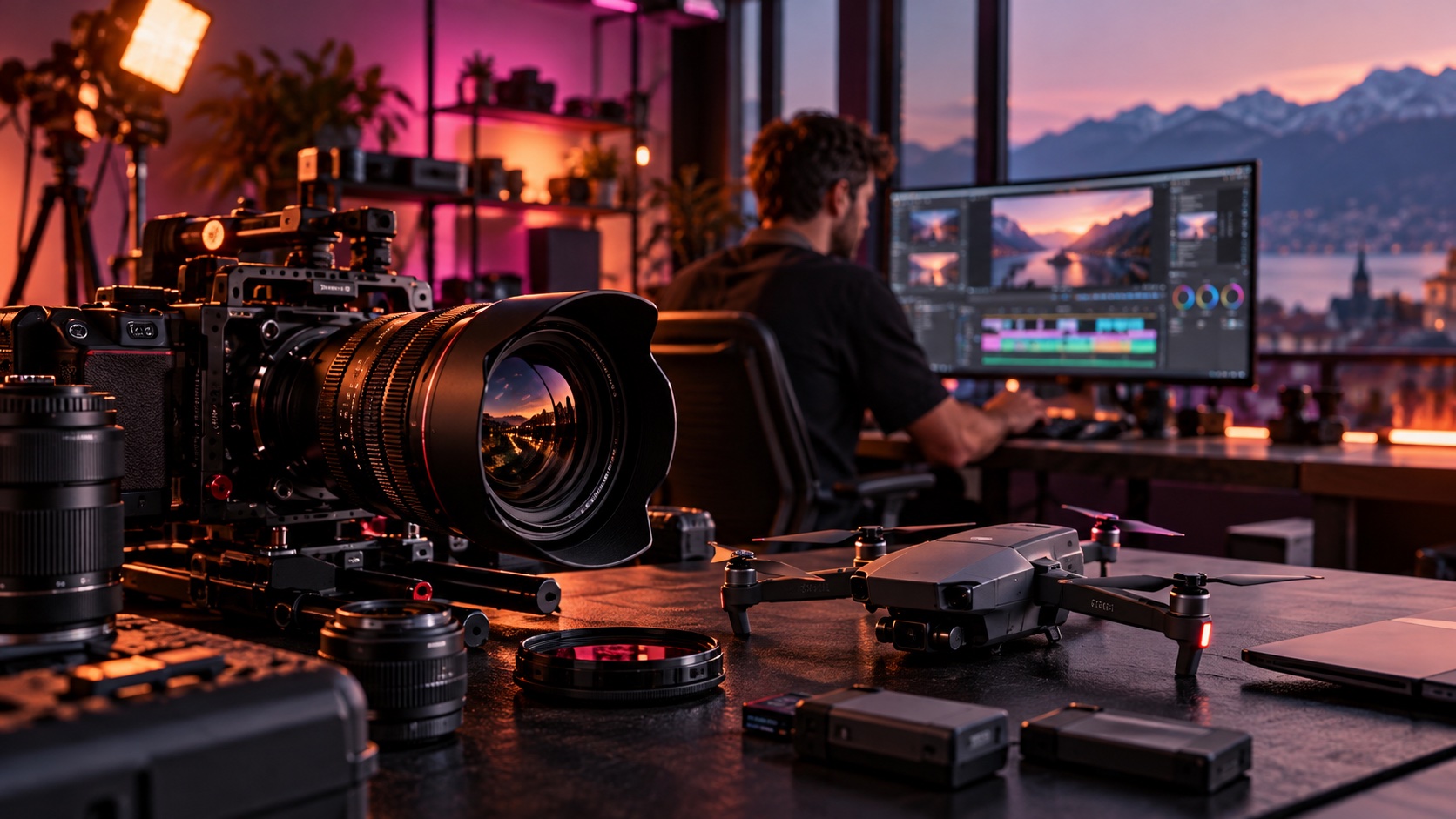 Kameraausrüstung und Drohne für eine Medienproduktion