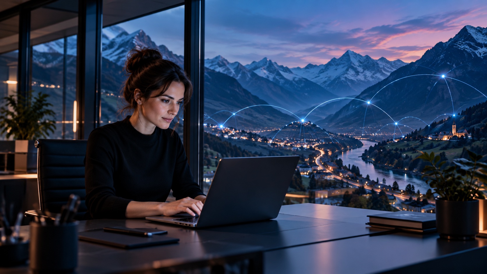 Symbolbild: IT-Beratung aus einem Büro mit Blick auf eine alpine Tallandschaft und digital vernetzte Standorte.