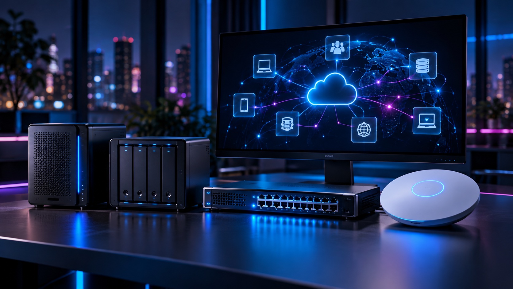 Server, Netzwerkswitch, Datenspeicher und WLAN-Gerät mit Cloud-Verbindungen