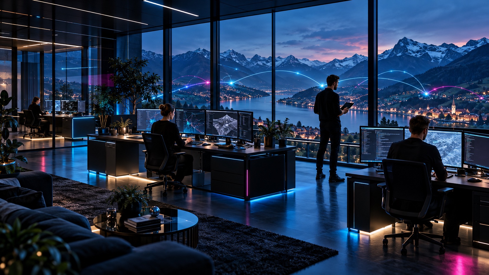 Vernetzte Arbeitsplätze und Standorte mit Blick auf eine alpine Region