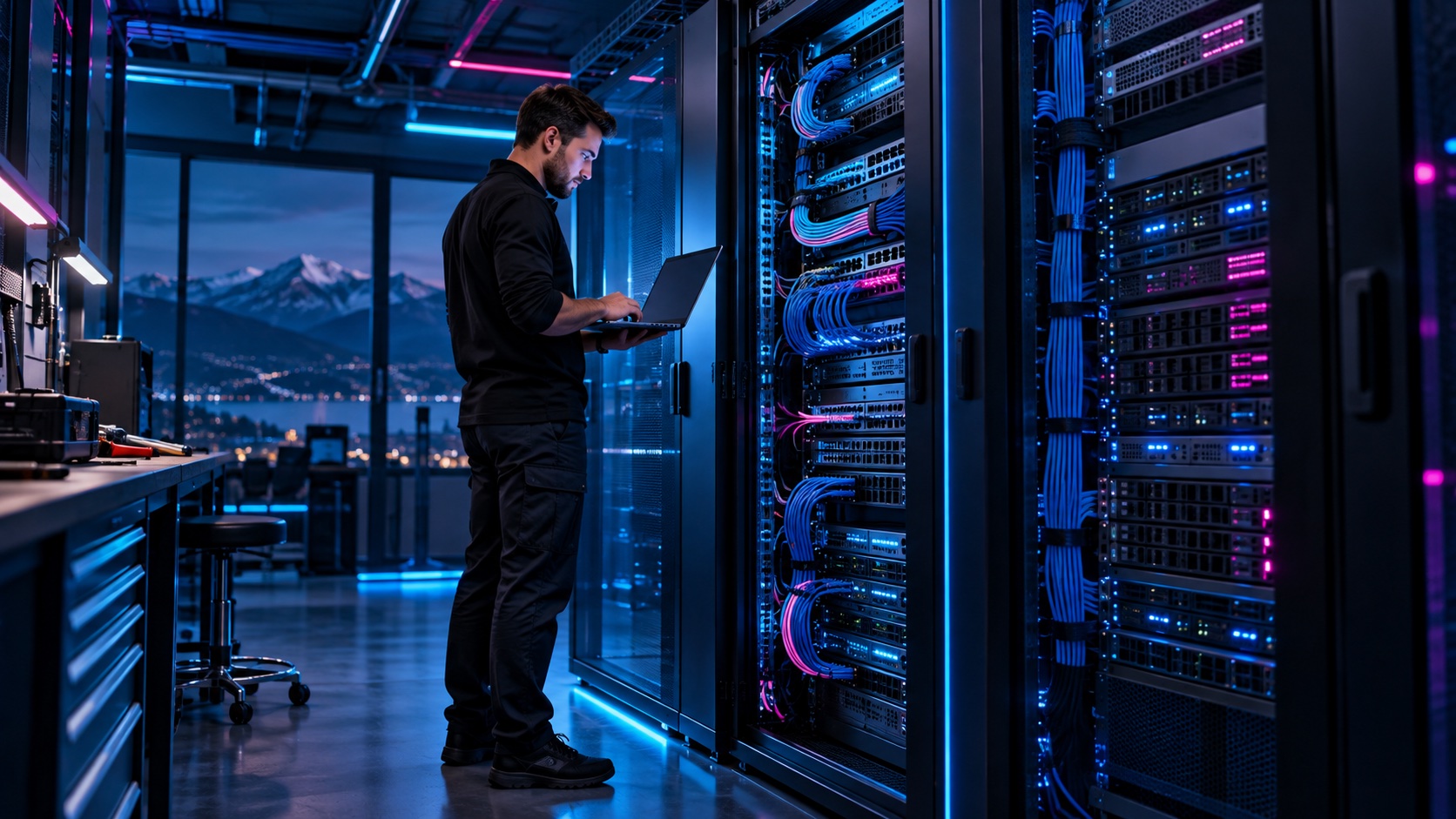 IT-Fachperson mit Laptop vor einem strukturiert verkabelten Netzwerkschrank