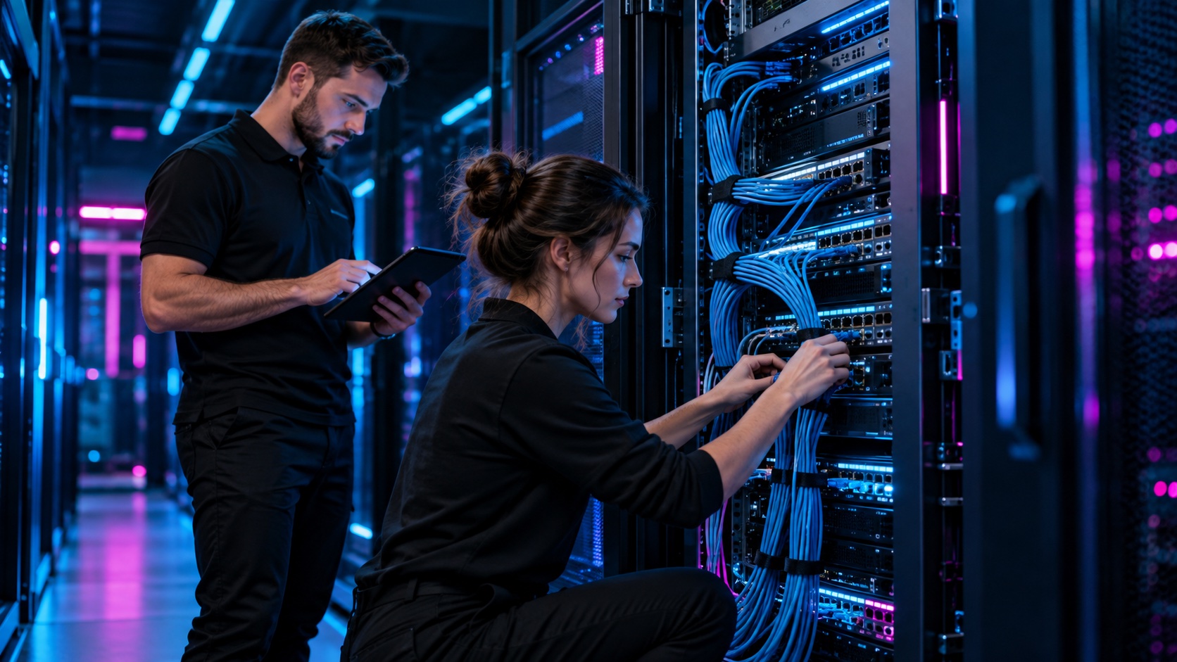 Zwei IT-Fachpersonen richten Geräte in einem Netzwerkschrank ein