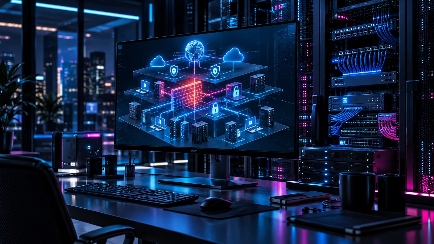 Vernetzte Systeme und Zugänge auf einem Bildschirm zur Sicherheitsplanung