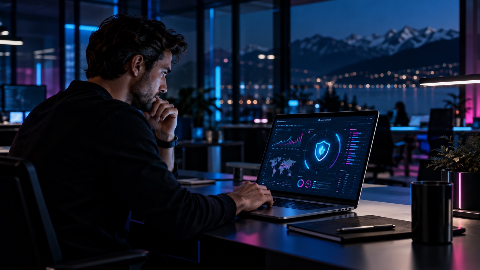 IT-Fachperson analysiert Schutz und Zustand einer digitalen Unternehmensumgebung