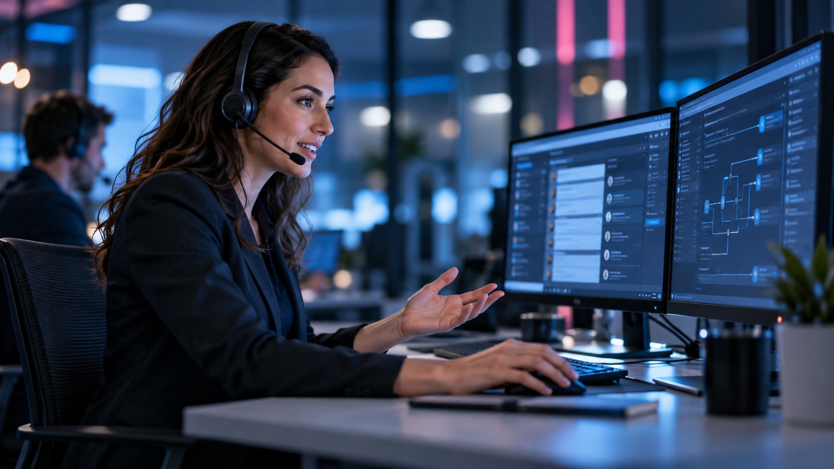Supportfachperson mit Headset an zwei Monitoren