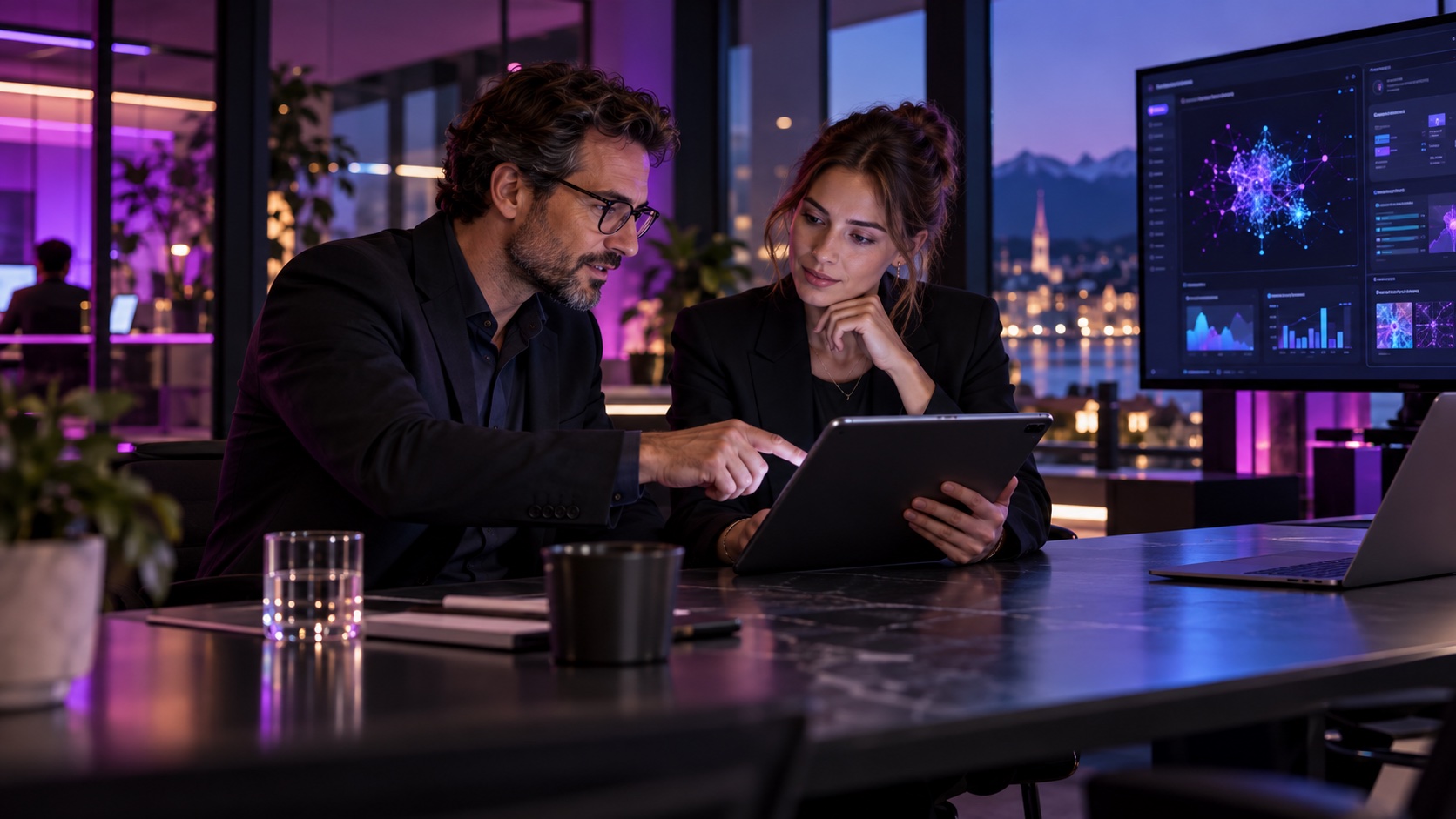 Zwei Personen besprechen die Nutzung von KI am Tablet