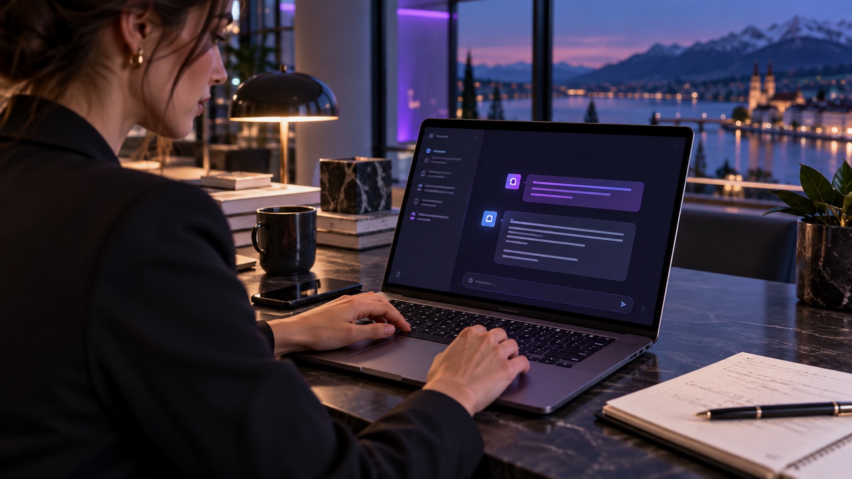 Laptop mit einer symbolischen KI-Dialogoberfläche