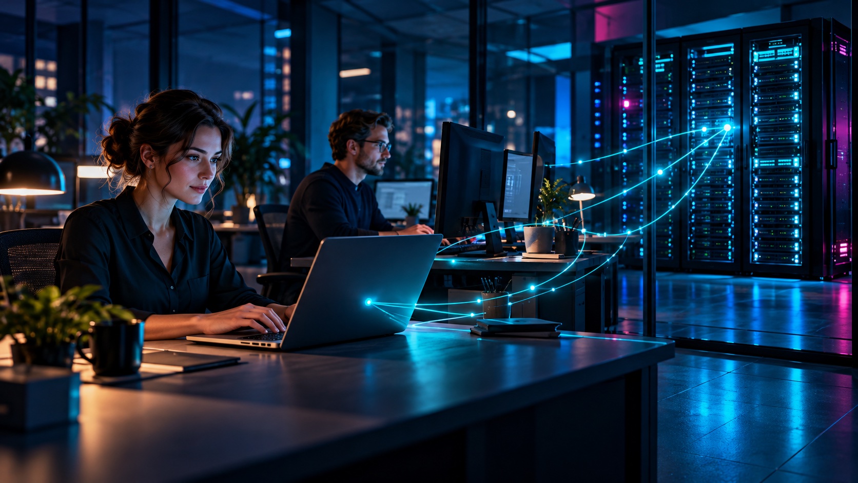 Managed Services – entspannter Arbeitsalltag Symbolbild: Mitarbeitende arbeiten an vernetzten Computern mit betreuter IT-Infrastruktur.