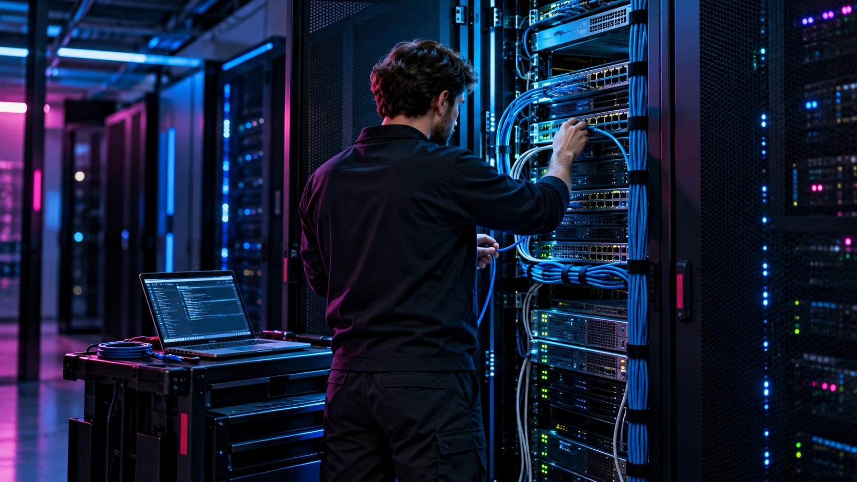 Managed Services – Einführung und Systemeinrichtung Symbolbild: IT-Techniker richtet Netzwerk und Server für die laufende Betreuung ein.