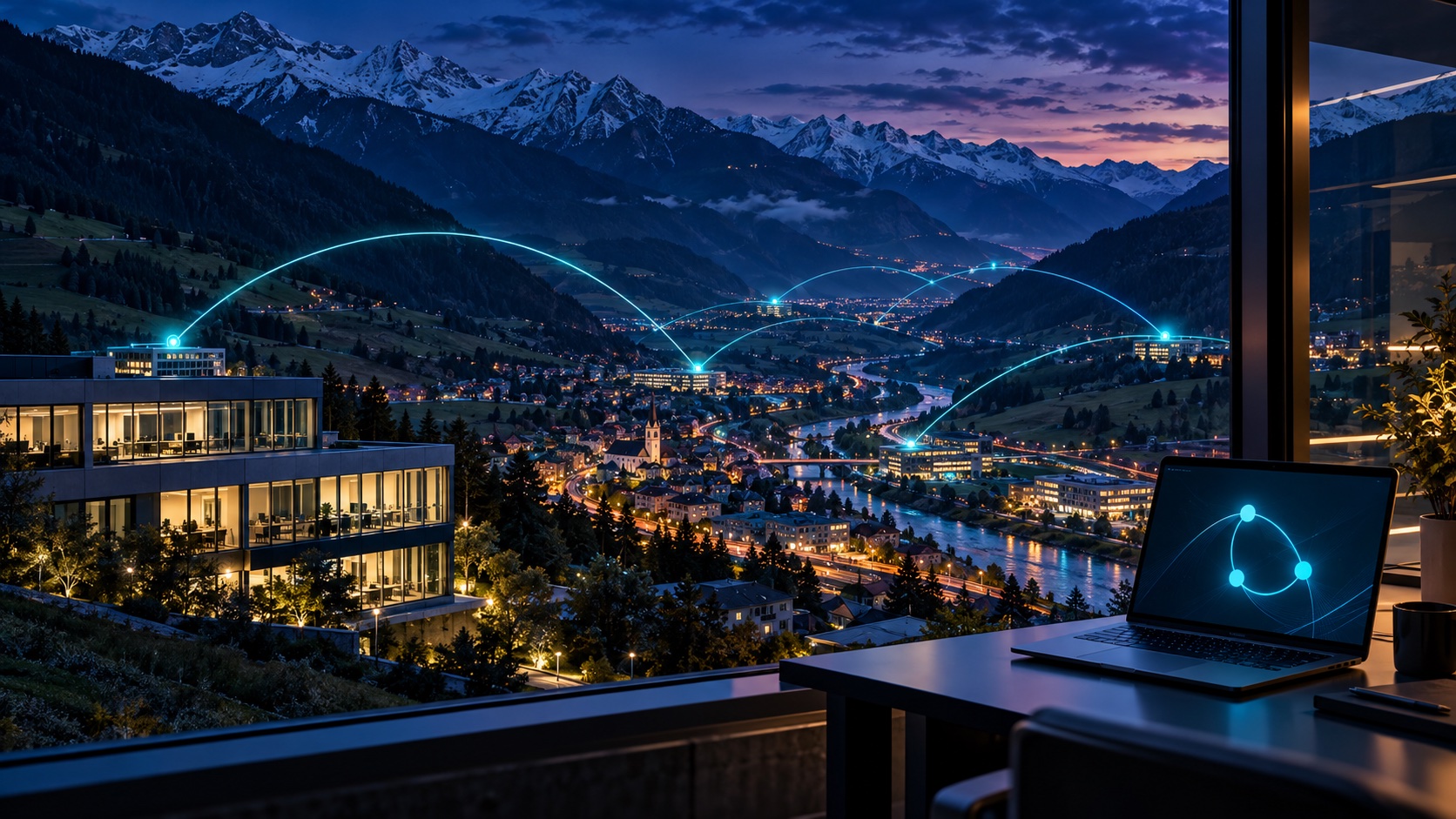 Managed Services – regionale und überregionale Fernbetreuung Symbolbild: Alpine Tallandschaft mit digital vernetzten Standorten und einem Laptop für Fernbetreuung.