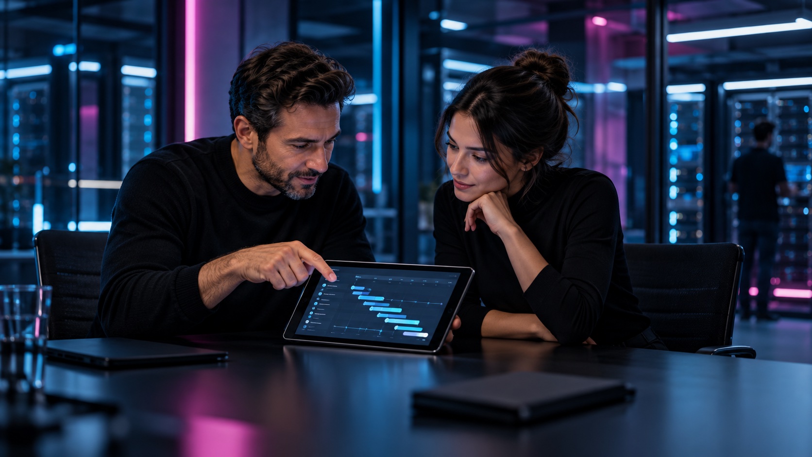 Managed Services – Service-Level und Zusammenarbeit Symbolbild: Zwei IT-Fachpersonen stimmen einen Serviceplan auf einem Tablet ab.