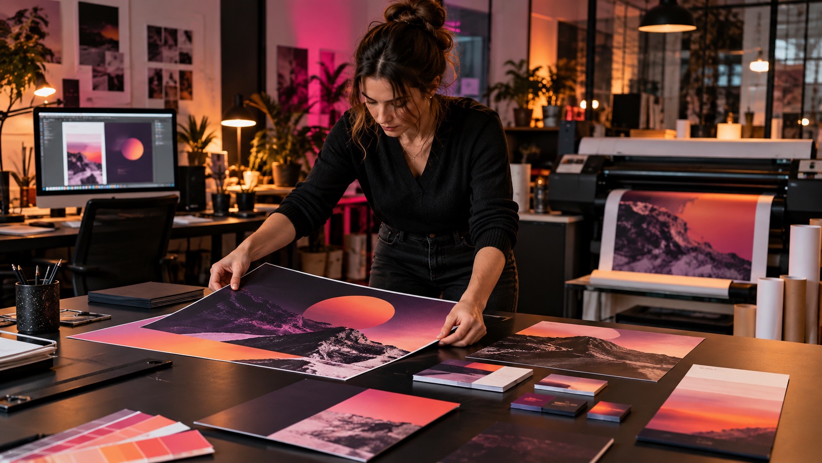 Printdesign & Werbematerial – Überblick Gestalterin arrangiert Plakate und Geschäftsdrucksachen