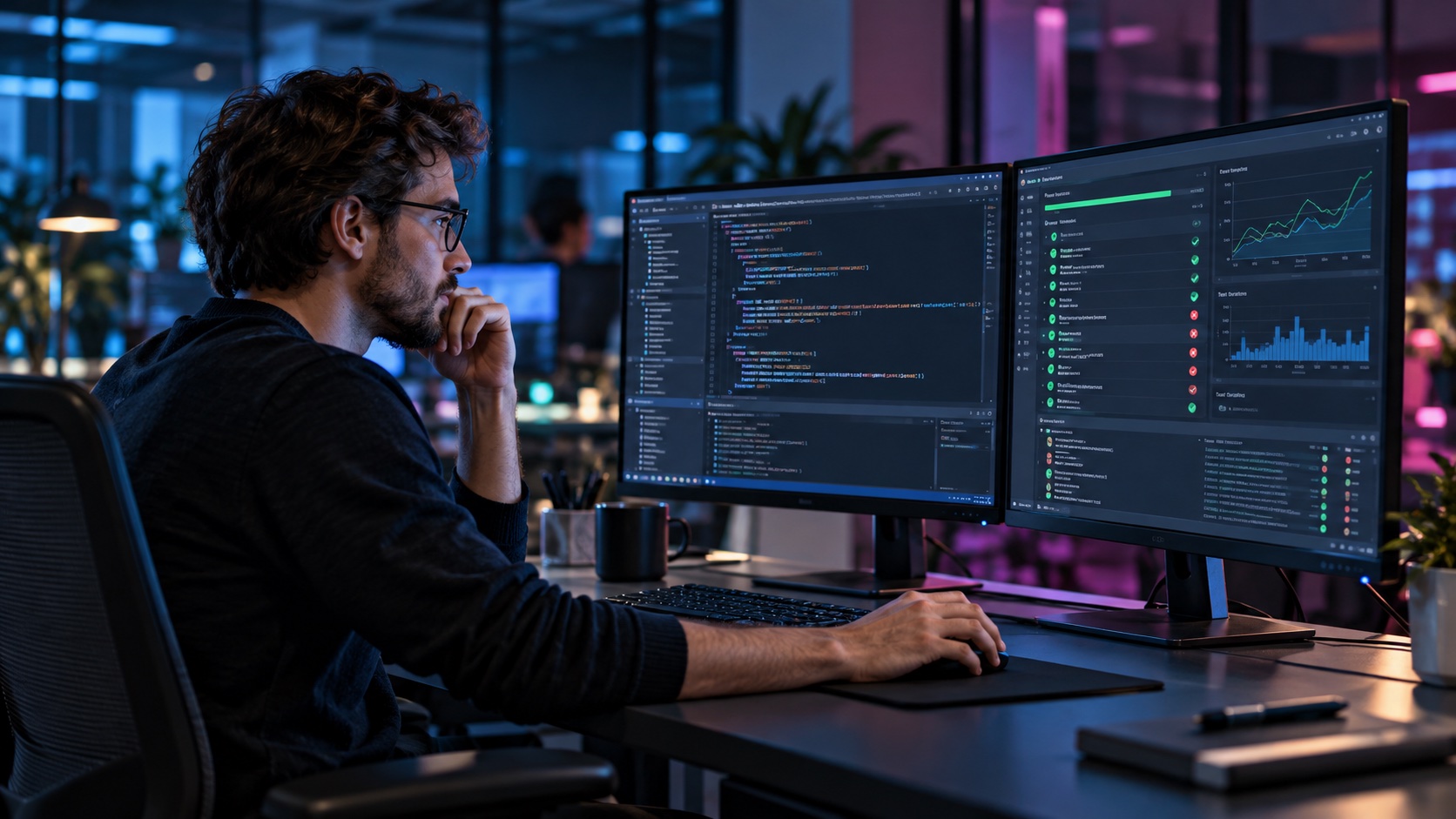 Entwickler prüft Programmabläufe und Testergebnisse