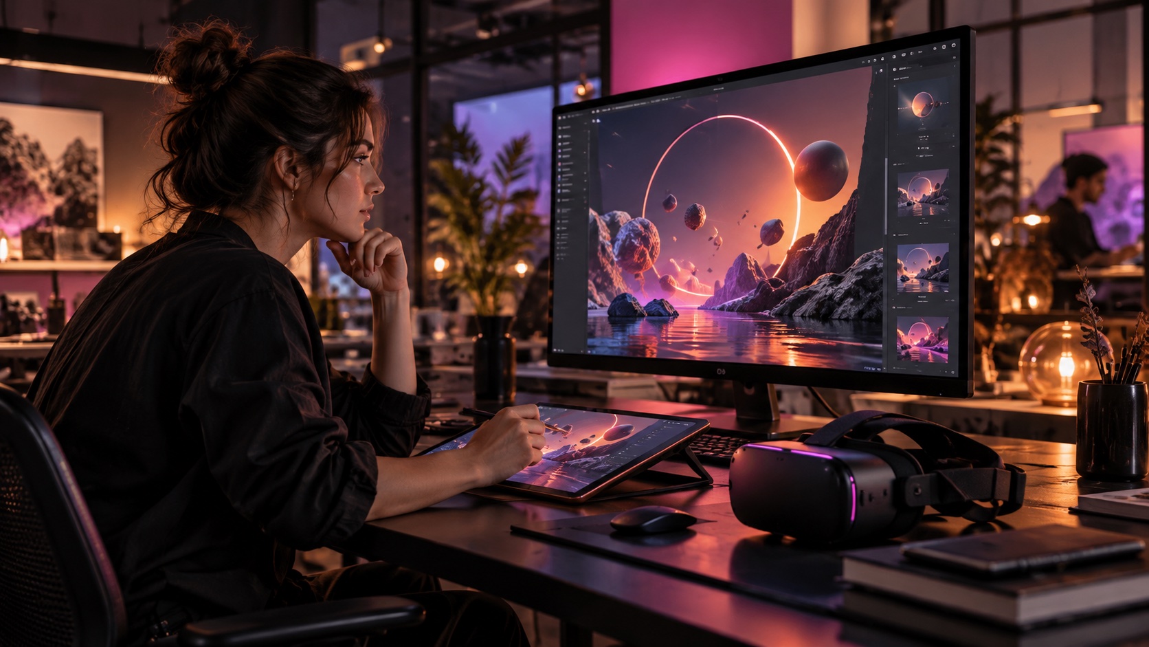 VR-Headset und Tablet neben einer interaktiven 3D-Szene