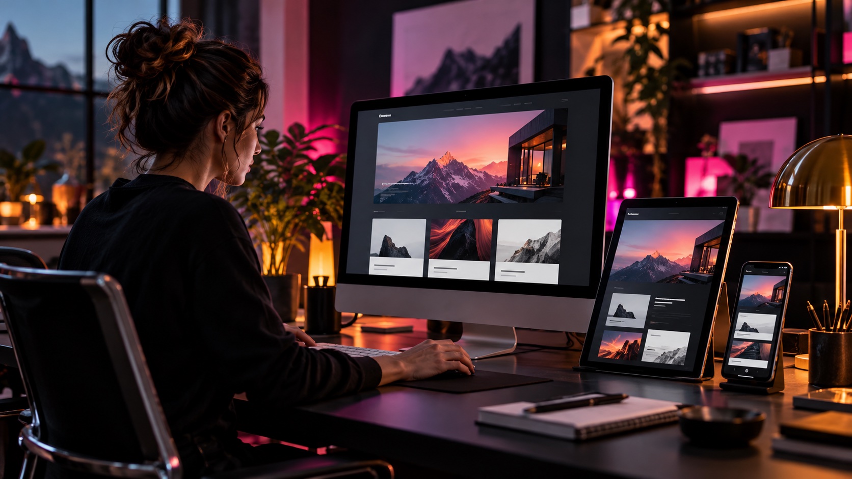 Webdesignerin gestaltet Ansichten für verschiedene Bildschirmgrössen